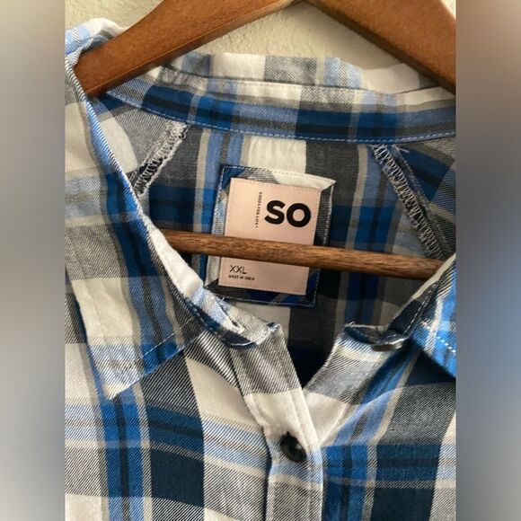 SO Junior’s Navy Plaid Long Sleeve Button Front Short Size XXL Casual - Picture 4 of 6